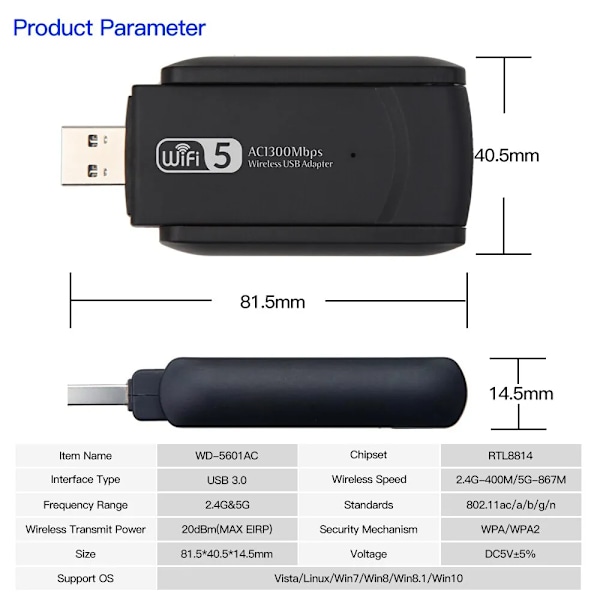 1300 Mbps USB 3.0 WiFi Adapter Dual Band 2.4Ghz/5Ghz Trådløst WiFi Dongle Antenne USB Ethernet Nettverk Kort Mottaker For PC