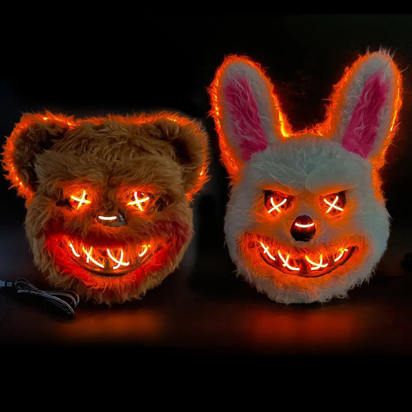 Skrekk Blodig Kanin Bear Maske Halloween LED Luminous Animal Simulation Pels Maske Cosplay