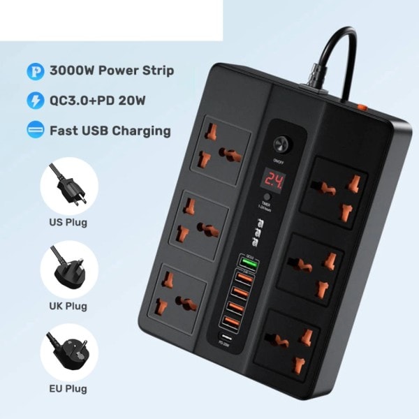 6 porttia 20W PD QC3.0 USB pikalaturi tyyppi C pikalataus asema sovitin 3000W 6 AC pistorasiat virta liuska