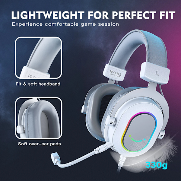 RGB Gaming Headset med 7.1 Surround Sound/3-EQ/MIC,Over-ear Hodetelefon med In-line Control for PC PS4 PS5 Ampligame-H6W