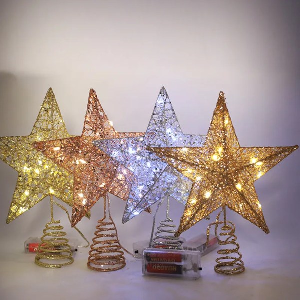 Järn Glitter Pulver Jul Tree Topper Star med LED koppar tråd ljus