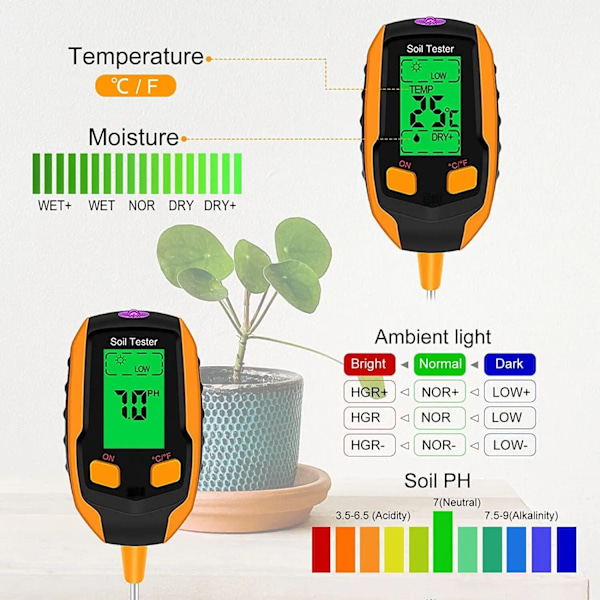 4 i 1 Jord Fugt Meter Digital Plante Temperatur Jord Fugtighed PH Meter Sollys Intensitet Miljø Fugtighed