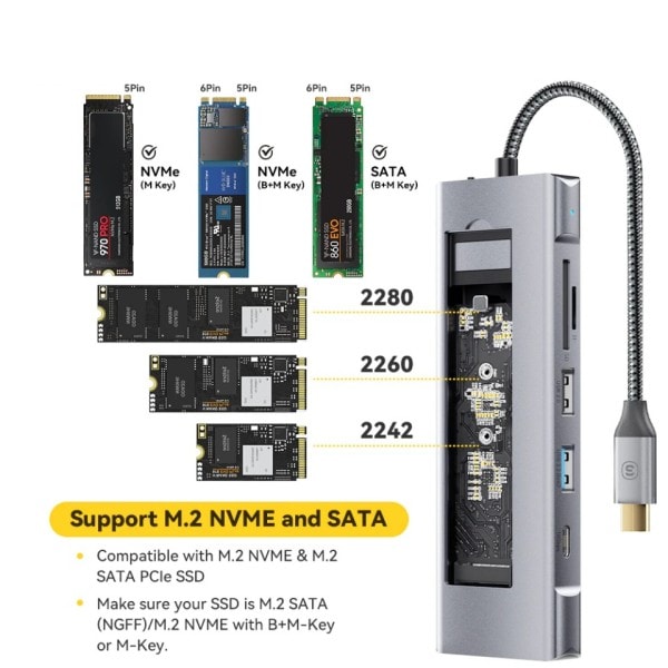 8-i-1 USB Hub Med Disk Lagring Funksjon USB Type-c til HDMI-kompatibel Laptop Dock Stasjon