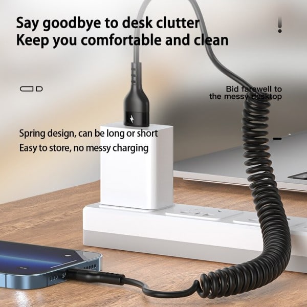 66W 5A Snabb laddning Typ C kabel 3A Mikro USB Fjäder Bil USB kabel