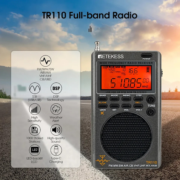 Reteness TR110 Portabel SSB Shortwave Radio FM MW SW LSB AIR CB VHF UHF Full Band NOAA Alert Digital Radio Receiver for Outdoor