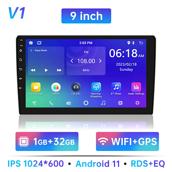 Android 11 Bil Radio Autoradio 32G 2 Din 9" Universal WIFI GPS Bil Audio Multimedia Player