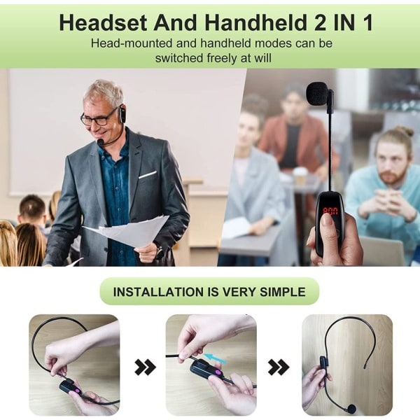 Trådløs Mikrofon Headset,Trådløs Mic til Fitness, LED Display165FT Rang, for Forstærker Højttaler