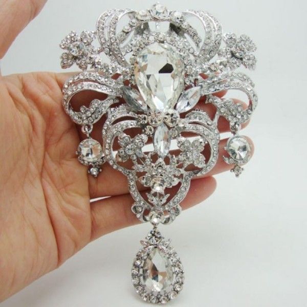 Stor blomma nål brosch för kvinnor lyx silver färg kristall zirkon brosch mode bröllop bröllop tillbehör