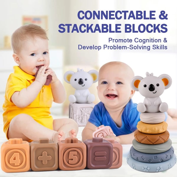 Baby Silicon Byggklossar Montessori leksaker för bebisar Squeeze Stacker & Bandsjukdomar leksaker
