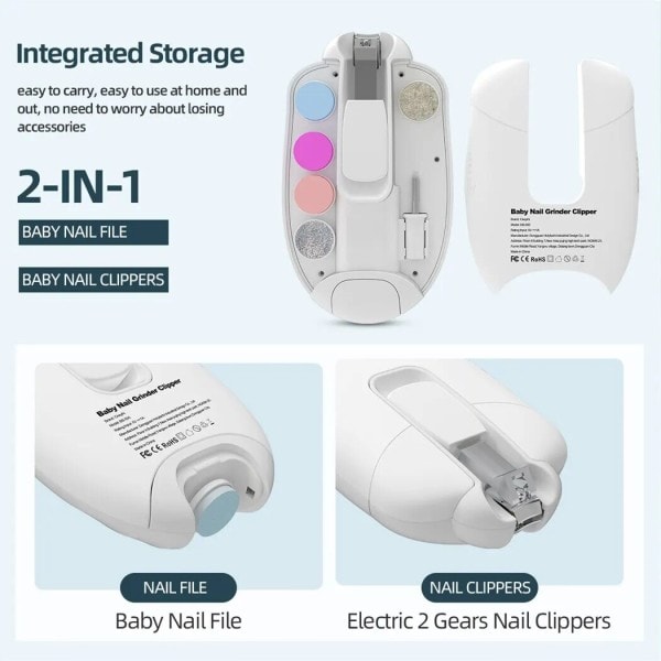 2 i 1 Elektrisk Nagelklippare för Barn Lågbuller Baby Nageltrimmer med LED Speed Justerbar Polering Verktyg Manikyr Set