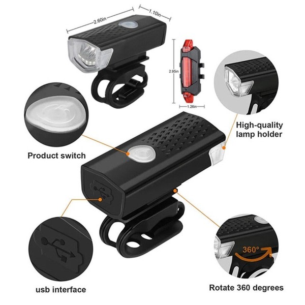 USB Genopladelig Cykel Lys Sæt Foran Lys med Baglygte Nem at installere 3 Modes Cykel Tilbehør