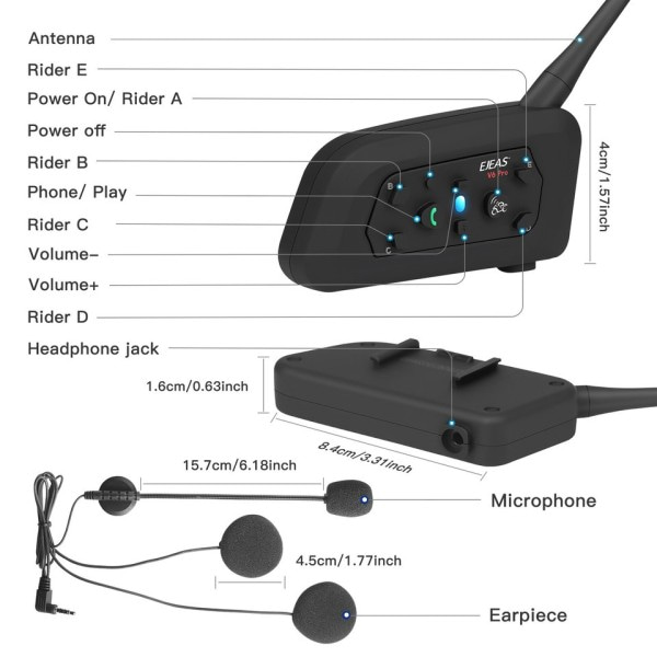 Motorcykel Bluetooth Hjälm Intercom Headset 1200M Intertelefon för 6 förare Vattentät Musik spelare