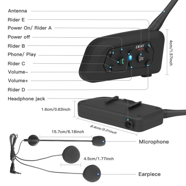 Motorsykkel Bluetooth Hjelm Intercom Headset 1200M Intertelefon for 6 Riders Vanntett Musikk spiller