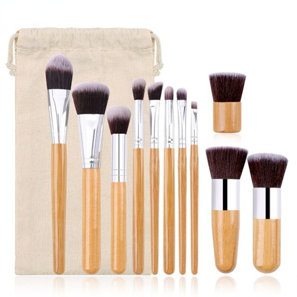 11 bambus farve håndtag makeup børster med opbevaring taske