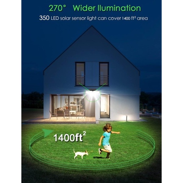 Vanntett Solar drevet Utendørs Lys Bevegelse Sensor 2000LM 350 LED