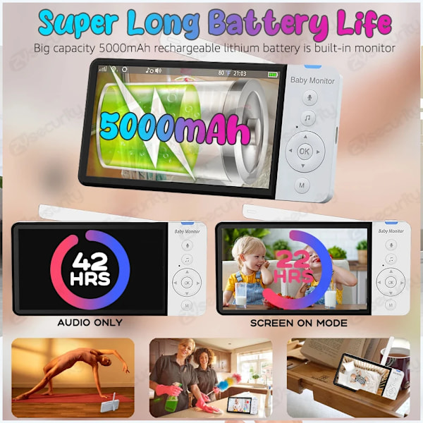 5''IPS Skærm Pan-Tilt-Zoom Kamera Video Baby Monitor med 30-timers batteri 2-Way Talk Nat Vision