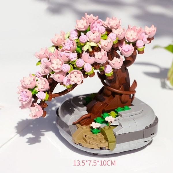 Blomst Rosa Sakura kirsebær tre potte plante 3D modell DIY mini blokker murstein bygg leketøy for barn