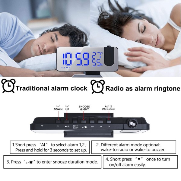 LED Digital Projeksjon Alarm Klokke Bord Elektronisk Alarm Klokke med Projeksjon FM Radio Tid Projektor