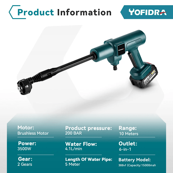 3500W 200Bar Borstlös Elektrisk Högtryckstvätt 6IN1 Biltvätt Vatten pistol för Makita 18V Batteri Trädgård Bevattning Spray pistol