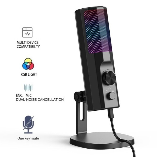 Støjreducerende Mikrofon med RGB LED Lys USB Gaming Desktop Kondensator