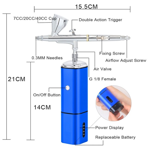 Oppladbar Trådløs Airbrush Kompressor Spray Maling Type C USB 1,2M Slange 0,3mm Nåler Pneumatisk Verktøy