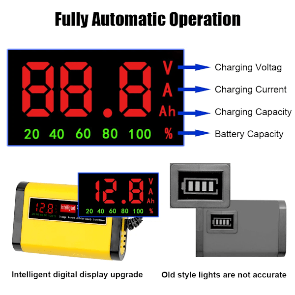 Fuld Automatisk Bil Batteri Oplader Digital LCD Skærm 2A Hurtig Opladning 3 trin Bly Acid AGM GEL Batteri-opladere