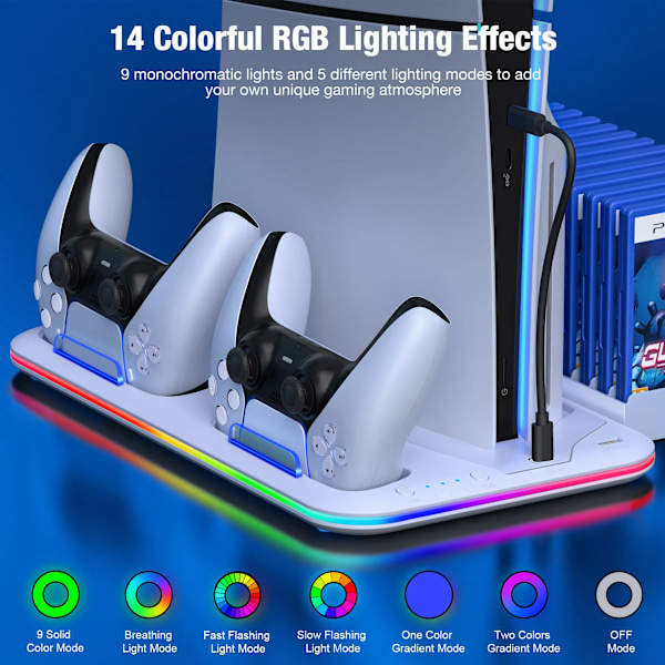 For PS5 Slank Kjøling Stativ med RGB Lys Vifte For PS5 Konsoll Disc&Digital Editions PS5 Kontroller Dobbel Kontroller Lading Dokk