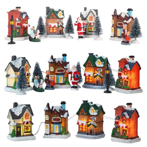 LED Harts Jul By Ornament Set Figuriner Dekoration Jultomte Fall Nålar Snö Utsikt Hus