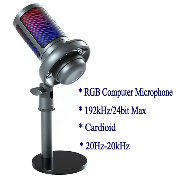 USB mikrofon för inspelning och strömning på PC och Mac,Headphone utgång och touch-mute knapp RGB hypercardioid mikrofon