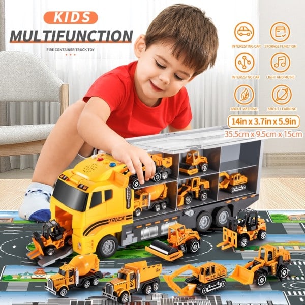Stor Container Transporter Lekset med Play Mat Mini Engineering Fordon Bil Modell Leksaker