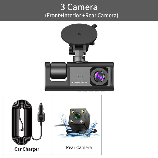 3 Channel Bil DVR HD 1080P 3-Lens Inside Fordon Dash CamThree Way Camera
