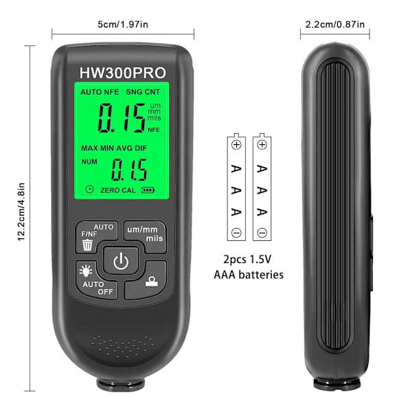 Elektroplåt metall beläggning tjocklek testare HW-300 Digital 0-2000um Fe och NFe prob bil lack beläggning tjocklek mätare