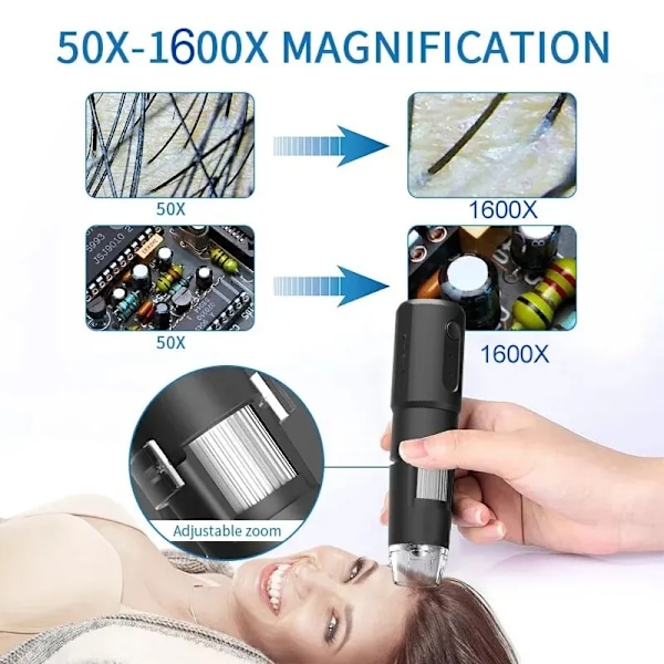 Wifi Digitaalinen mikroskooppi 50X-1600X Suurennus Kädessä pidettävä mikroskooppi Säädettävällä jalustalla