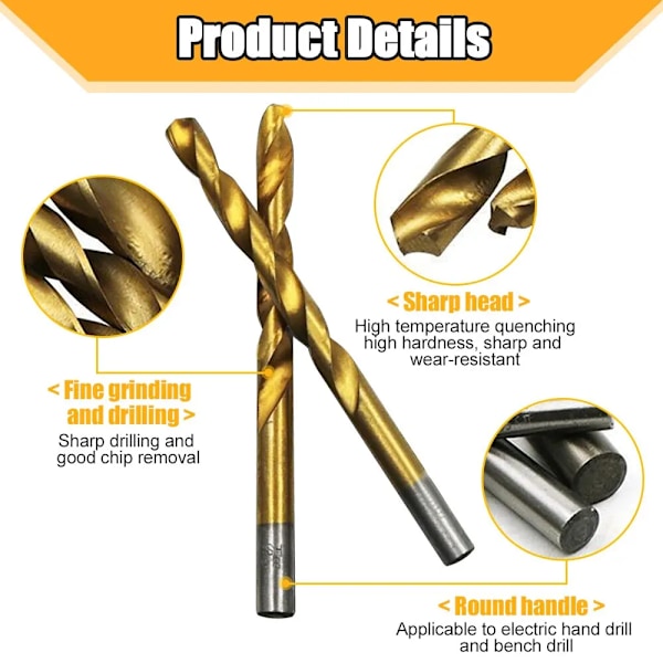 50 stykker Høj Speed Stål Ti-belagt Twist Bit Titanium Coated Bor Bits Værktøj