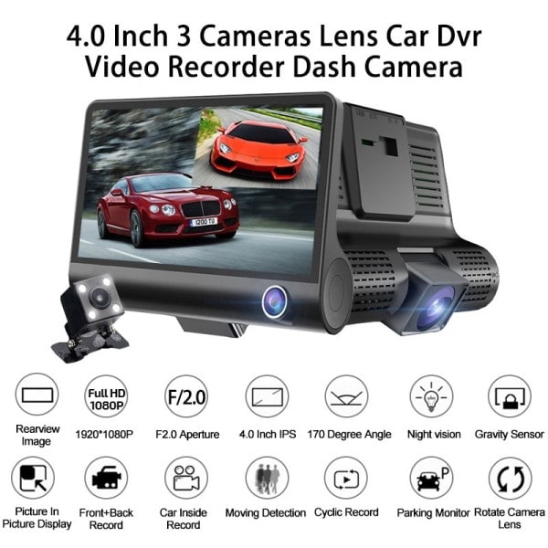 Bil DVR 3 Kameraer Fuld HD 1080P Dobbelt Lens Bil DVR Kamera 4,0 tommer LCD Skærm med 170 grader bagudsigt