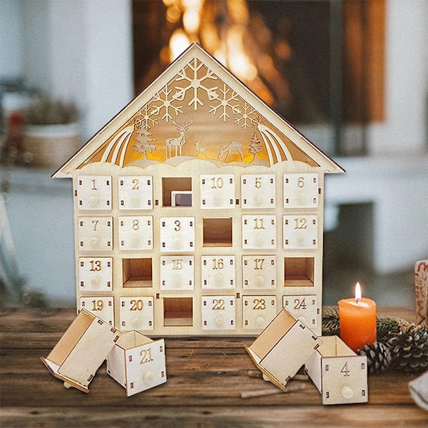 Jul Trä Semester Dekoration LED Ljus 24 Dagar Nedräkning Advent Kalender Ornament