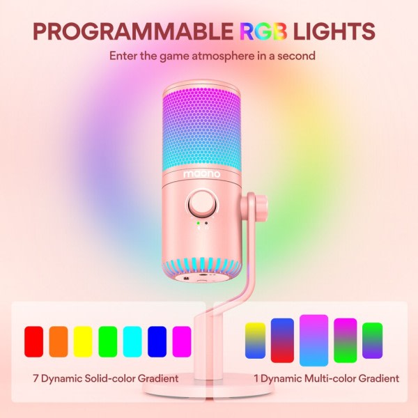 RGB peli mikrofoni USB mikrofoni kondensaattori mikrofoni vaaleanpunainen mikrofoni mikrofonin vahvistuksen ja RGB valo podcasteihin
