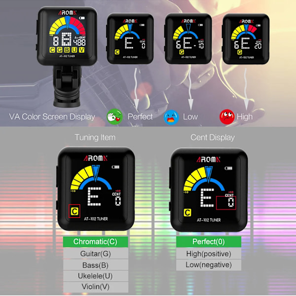 Oppladbar Clip-on gitar tuner farge skjerm med innebygd batteri USB kabel for kromatisk gitar bass ukulele
