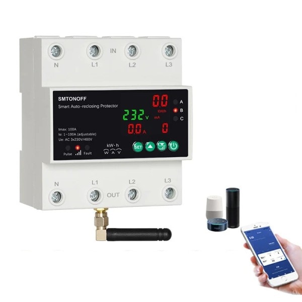 Tuya WiFi Tre Phase 4P 100A Auto-genlukkende Over Under spænding beskytter