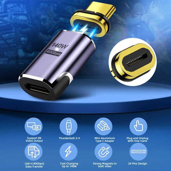 USB4.0 Thunderbolt3 Magnetisk USB C Til Type C Adapter 140W 40Gbps Rask Lading Magnet Lade Konverter kabel
