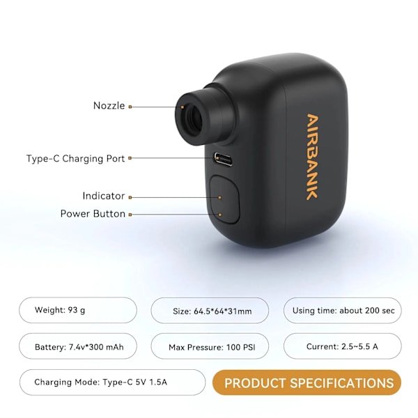 Mini Bärbar Cykel Pump Uppladdningsbar Air Inflator 100PSI 5V Typ-C Cykel Tillbehör för Bike Schrader Presta