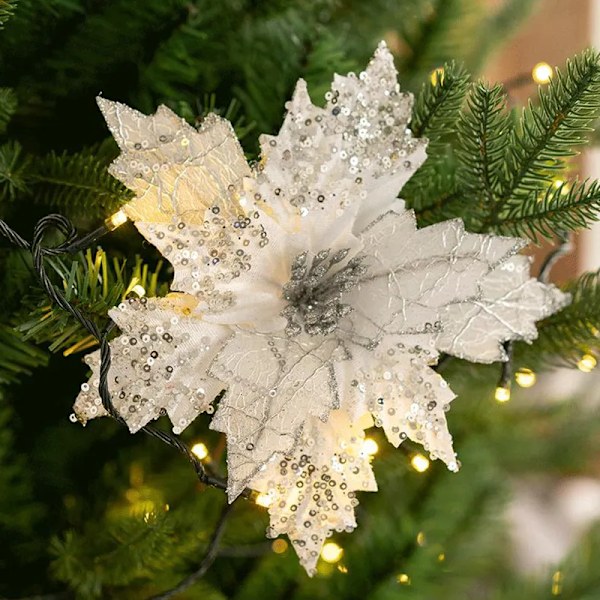 Glitter kunstig jule blomster jule træ pynt hjem falske blomster jule pynt