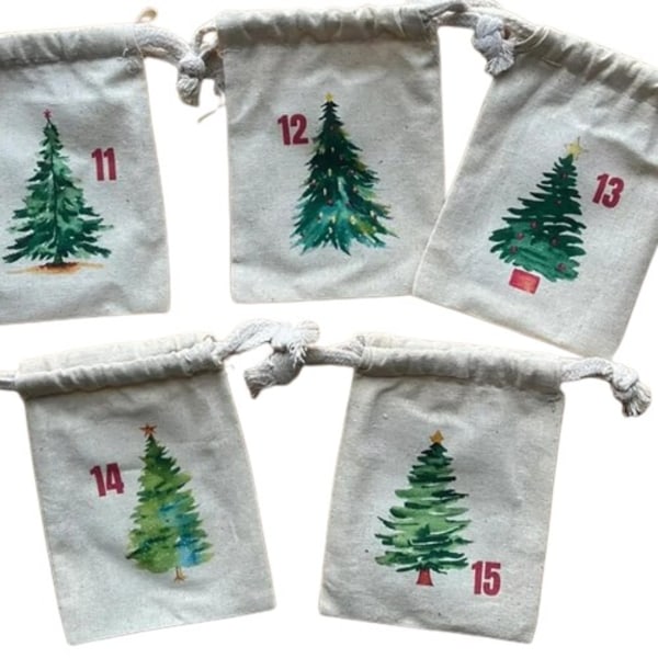 Kangas joulu adventti kalenteri nyöri laukut uudelleenkäytettävä akvarelli joulu puut