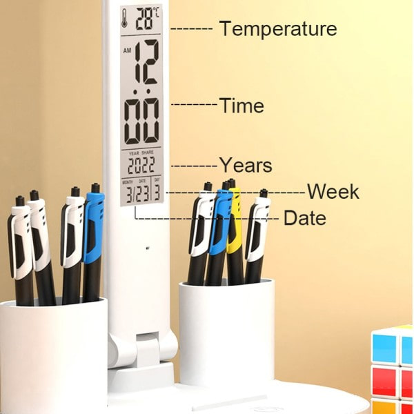 LED skrivebord lampe USB dæmpbar touch foldbar bord lampe med kalender temperatur ur nat lys