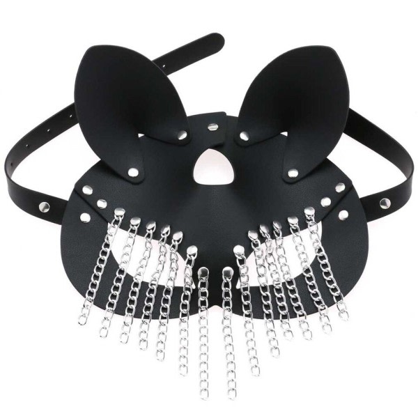 Mode läder Mask Kvinnor PU Faux Läder Ihålig Justerbar metall Kedja tofs Mask