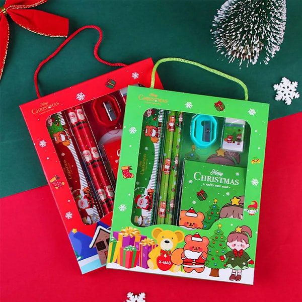 Jul Skrivpapper Set Barn Tecknade Blyerts Suddgummi Linjal Memo Byddar Blyert Kniv Set