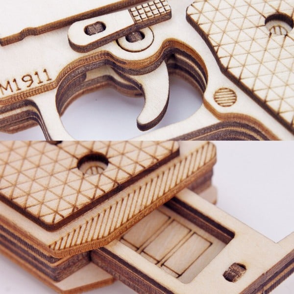 Gummi bånd pistol 3D tre mekanisk håndvåpen modell sett montering bygg puslespill