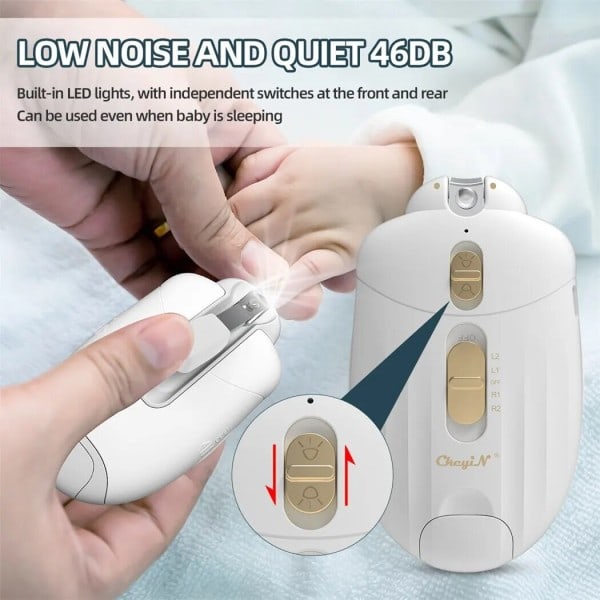 2 i 1 Elektrisk Nagelklippare för Barn Lågbuller Baby Nageltrimmer med LED Speed Justerbar Polering Verktyg Manikyr Set