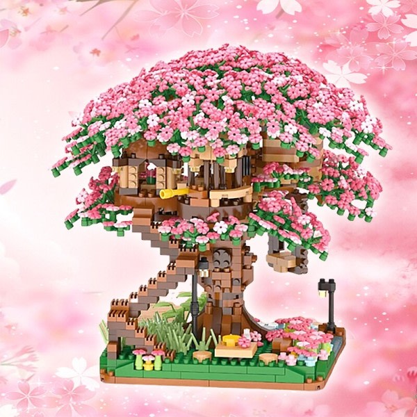 Mini Sakura Träd Hus Byggnad Klossar Körsbärsblomma Växt Stad Gata Utsikt tegelstenar