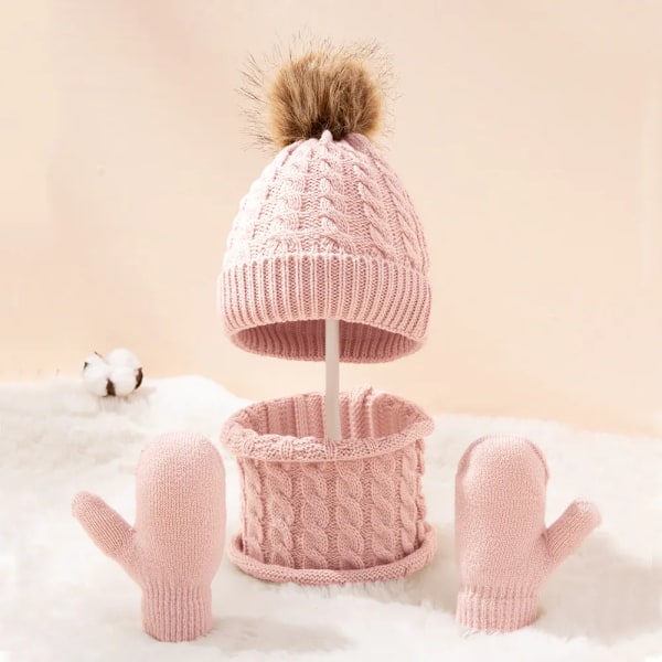 Vinter 3 delar Baby Mössor Med Scarf Stickad Akryl Mode Enfärgad Hatt För Barn Pojke Flicka Spädbarn Hårboll Varm Monte Scarf Set